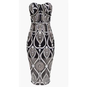 PLT Black Sequin Embroidered Bandeau Midi Dress